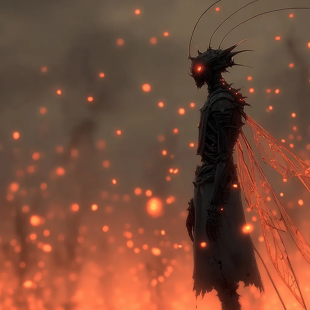 A dark, insectoid creature with glowing red eyes stands amidst a fiery, orange backdrop.  Its body is mechanical, with intricate details and large, translucent wings veined with a fiery orange.  The background is filled with countless embers, creating a dramatic and apocalyptic atmosphere.  The creature appears both powerful and ominous, a stark silhouette against the burning landscape.