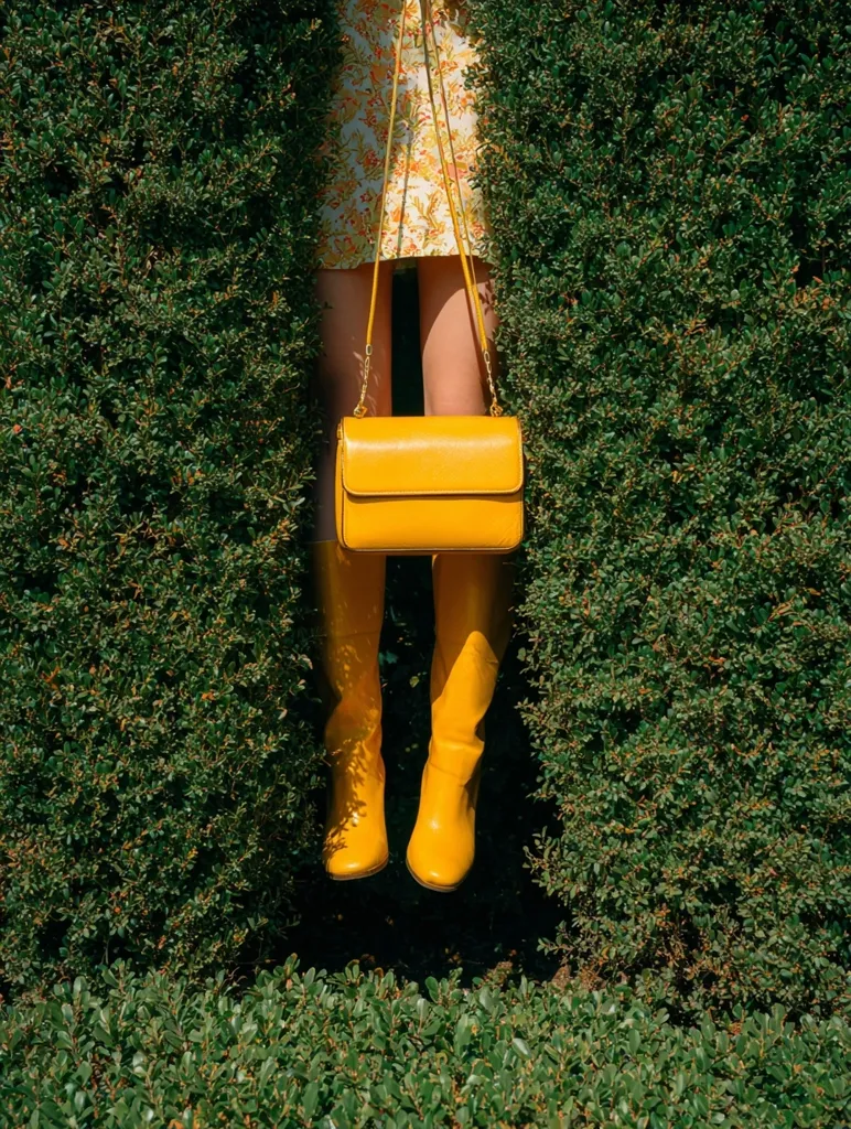 A woman's legs, clad in yellow boots and a floral dress, peek from behind a vibrant green hedge.  A bright yellow shoulder bag hangs from her shoulder, adding to the monochromatic yellow and green theme. The image is a stylish, vibrant shot with a retro feel.