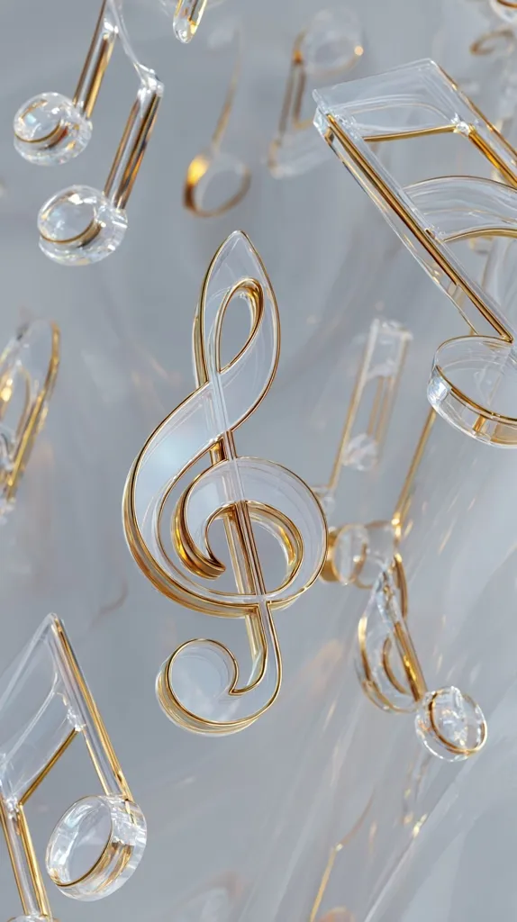 Glass musical notes and a treble clef, outlined in gold, float against a light grey background. The translucent glass creates a delicate and ethereal effect, suggesting a sense of lightness and musicality. The gold accents add a touch of elegance and luxury to the composition.  The image evokes a feeling of elegance and musical inspiration.
