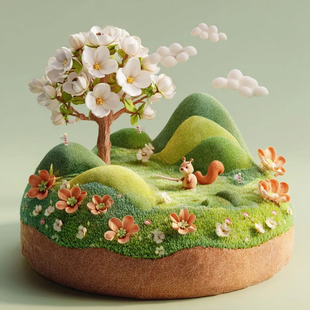 A miniature whimsical landscape features a blooming white flower tree at its center, nestled amongst rolling green hills adorned with orange blossoms.  A tiny squirrel stands in the grass, adding a charming touch to the scene.  The entire creation rests on a textured base, resembling a meticulously crafted diorama or cake. Fluffy clouds float in a pastel green sky above.