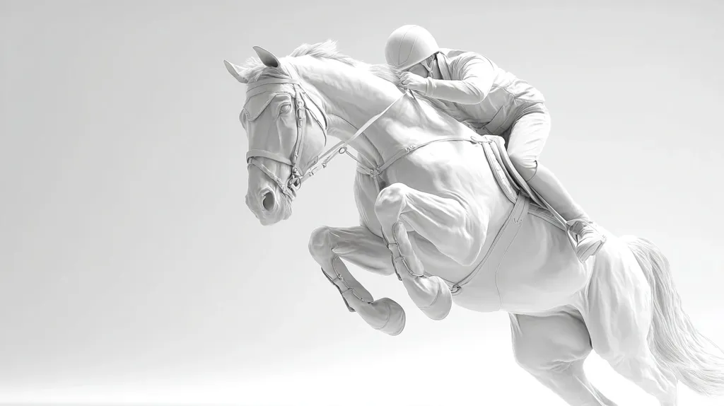A monochrome 3D rendering depicts a horse in mid-jump, a rider clinging to its back.  The horse and rider are sculpted in a seamless, smooth white, creating an almost ethereal image. The scene is set against a stark white background, emphasizing the dynamic movement of the equestrian pair.  The overall impression is one of grace and power in motion.