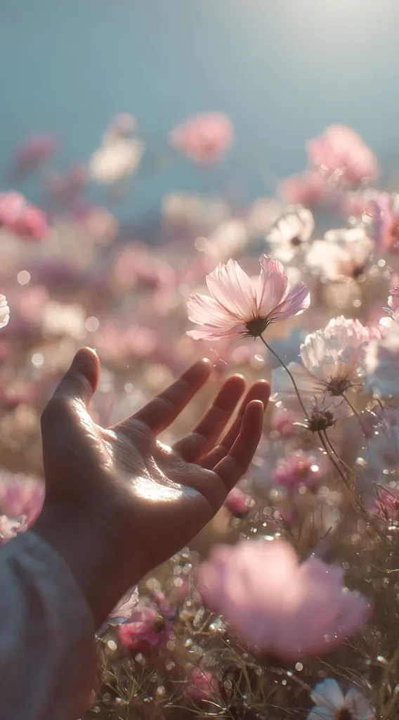 A hand gently reaches out towards delicate, light pink cosmos flowers in a field.  The flowers are softly blurred, creating a dreamy, ethereal atmosphere.  Sunlight glistens on the petals and water droplets, enhancing the serene and peaceful scene. The overall image evokes a sense of calm and connection with nature.
