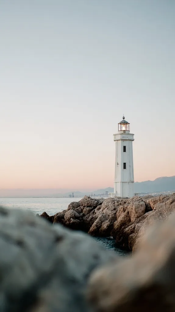 A lone lighthouse stands tall on a rocky outcrop, its light glowing softly against the tranquil evening sea. The sky is a gentle pastel blend of pink and grey, reflecting the calmness of the scene.  The lighthouse is white, a beacon of hope and guidance, silhouetted against a distant shoreline.  Rough, textured rocks frame the foreground, obscuring part of the view, adding a sense of mystery.