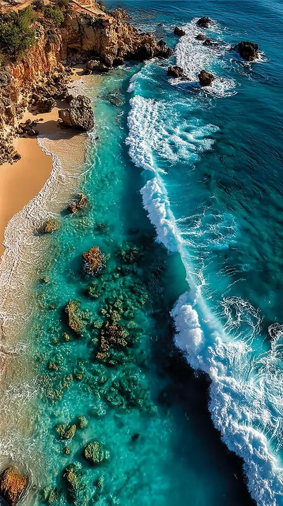 An aerial view captures a breathtaking coastal scene.  Turquoise water laps a sandy beach, edged by dramatic, reddish-brown cliffs.  Waves break against submerged rocks, creating a striking contrast of textures and colors.  The vibrant hues of the ocean and the rugged coastline create a stunning, picturesque landscape.