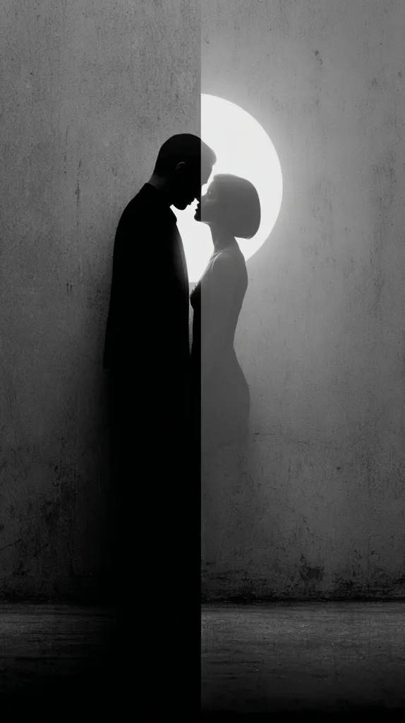 A black and white image depicts a couple silhouetted against a textured wall, partially obscured by a dividing line.  They appear to be embracing, their heads close together.  Behind them, a large, bright circle resembling a moon or halo adds a dramatic contrast to the dark figures and the gritty backdrop.  The overall mood is intimate and somewhat mysterious.