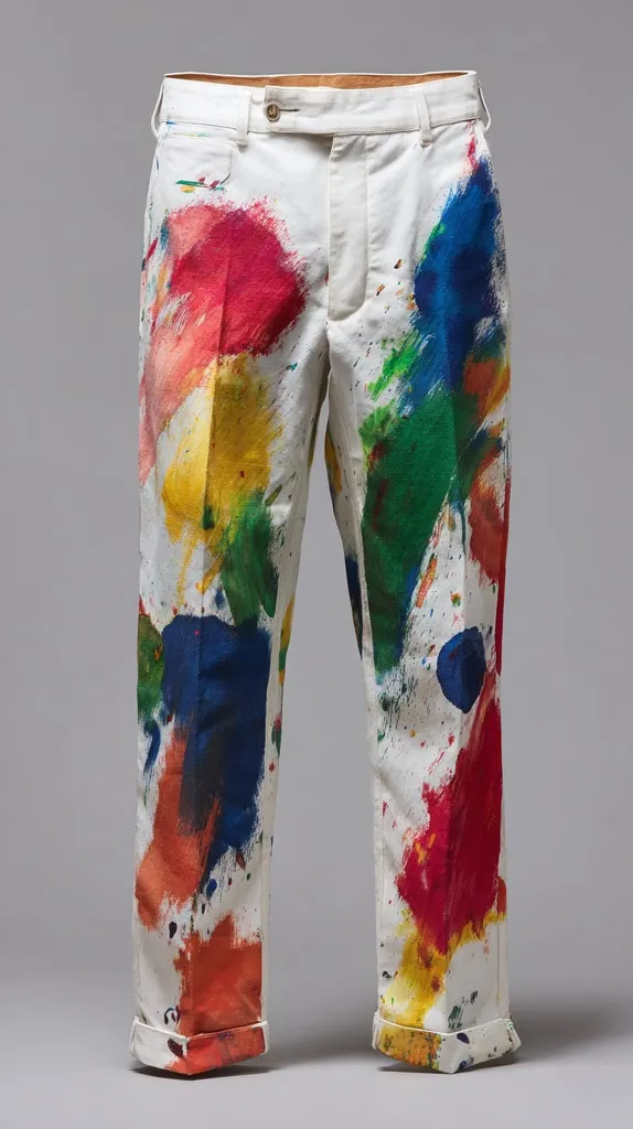 A pair of white trousers is adorned with vibrant, abstract paint splatters in various colors, including red, yellow, green, and blue. The paint appears to be applied liberally, creating a dynamic and artistic effect. The trousers are cuffed at the bottom, adding to their casual aesthetic.  The overall style is bold and unconventional.