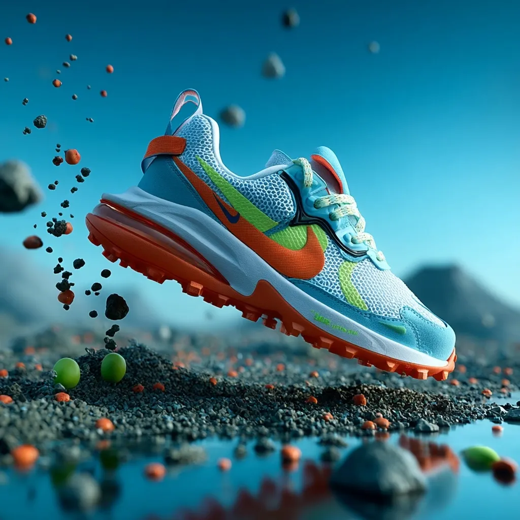 A vibrant Nike Air Max 720 sneaker, predominantly light blue and orange, is captured mid-air against a backdrop of a teal sky.  Small rocks and spheres scatter around the shoe and create a splash effect in a puddle on the ground, suggesting motion and impact. The shoe's design is highlighted, showcasing its textured upper and chunky sole. The overall image is dynamic and visually striking.