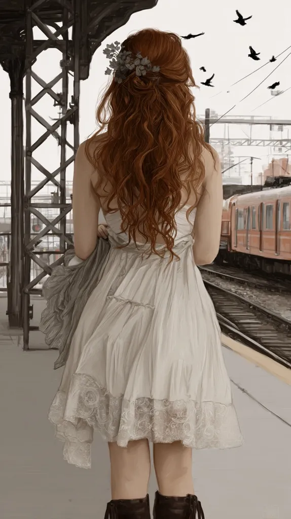 A young woman with long, curly auburn hair adorned with flowers stands at a train station, her back to the viewer. She wears a flowing, off-white dress with lace trim and holds a piece of fabric.  A train passes in the background, and several birds fly overhead in a muted sepia-toned scene. The overall mood is melancholic and serene.