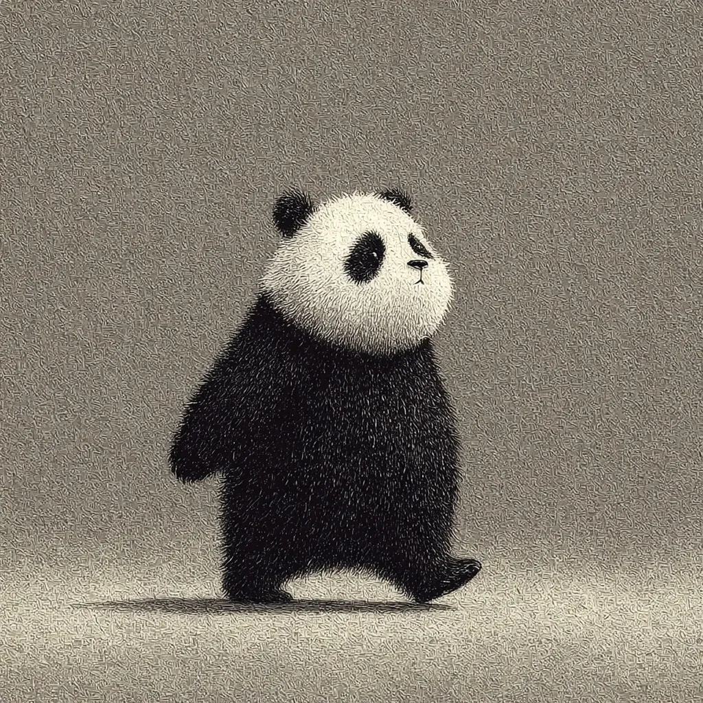 A stylized illustration of a panda bear walking.  The panda is depicted in a textured, almost furry style, with its black and white fur rendered in shades of gray.  It walks across a neutral-toned background, its gaze directed slightly upward and to the side, giving an impression of gentle curiosity or contemplation. The overall style is minimalist and slightly whimsical.