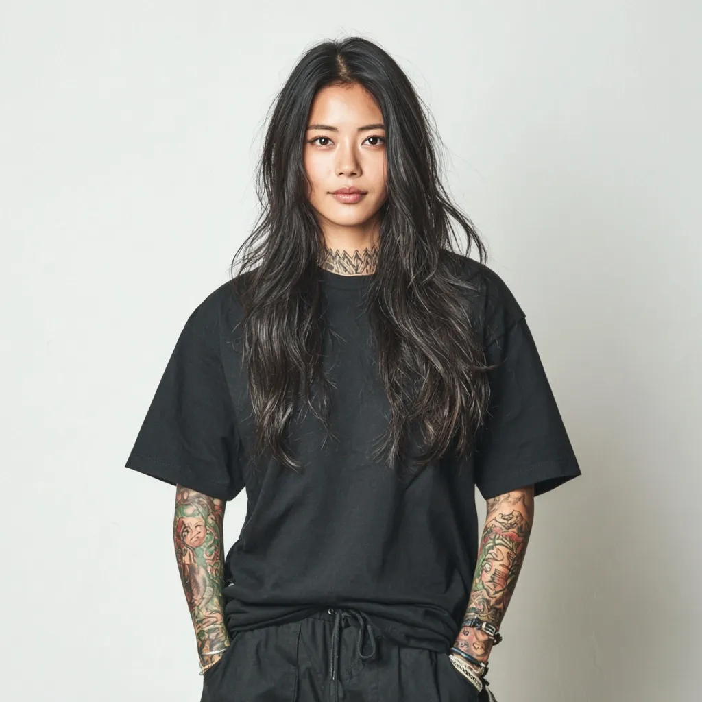 A young woman with long, dark hair and colorful tattoos on her arms stands against a light gray background. She's wearing a black oversized t-shirt and dark pants, her hands casually in her pockets.  Her expression is neutral and her gaze is directly at the camera. The image is clean and minimalist.