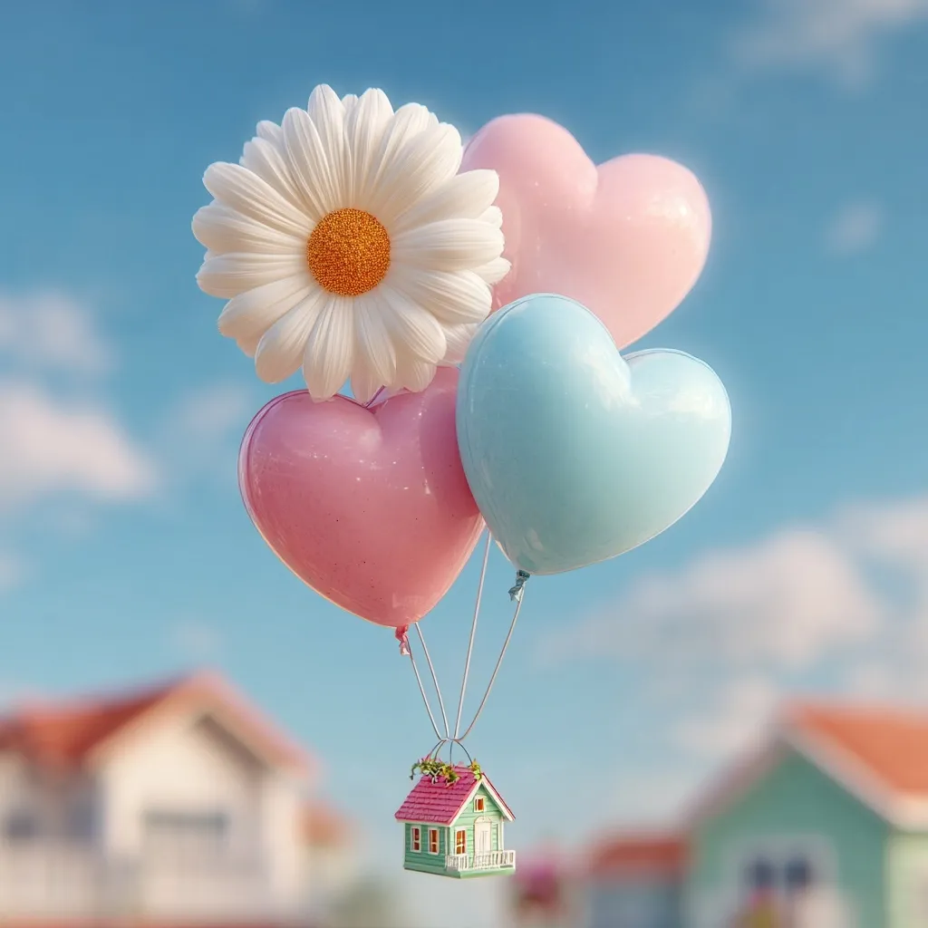 A charming miniature house hangs from pastel-colored heart-shaped balloons and a large white daisy against a vibrant blue sky.  The scene evokes feelings of sweetness and homeownership, with a whimsical touch.  Blurred pastel-colored houses are visible in the background, suggesting a residential neighborhood. The overall image is bright, cheerful, and idyllic.