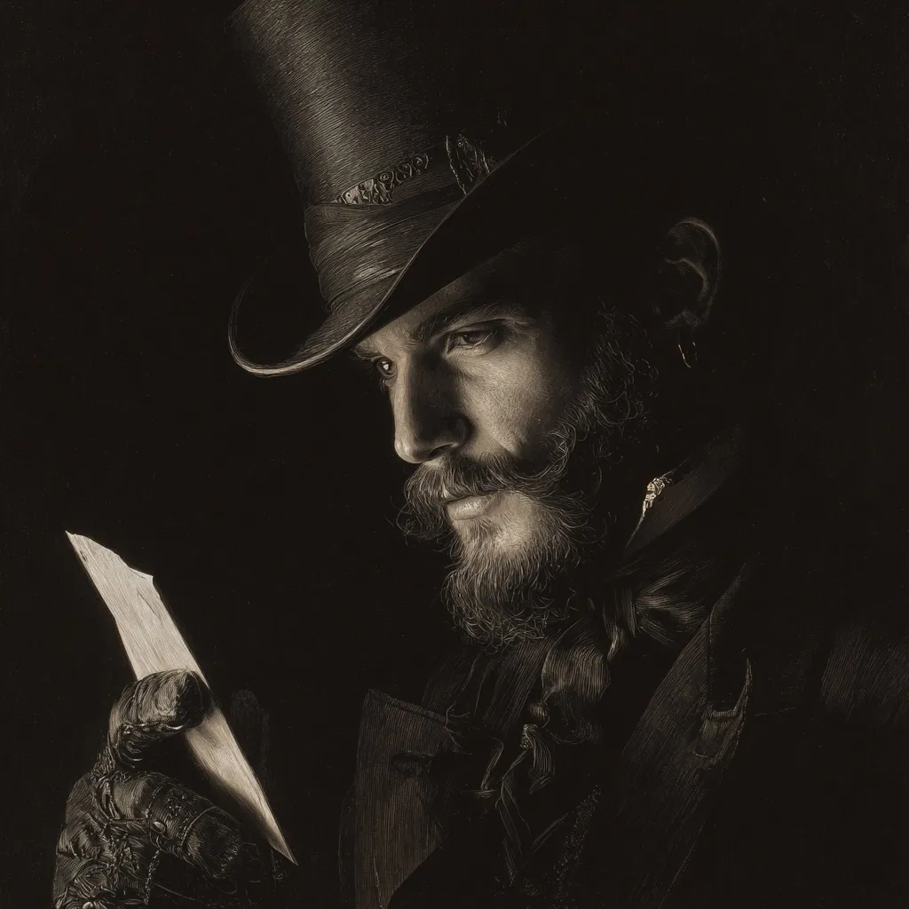 A sepia-toned portrait of a man in Victorian attire. He wears a top hat, dark coat, and cravat. His expression is serious and contemplative as he reads a letter held delicately in gloved hands.  The dark background emphasizes the man and the letter, creating a mysterious and dramatic mood. The detailed rendering suggests a drawing or painting.
