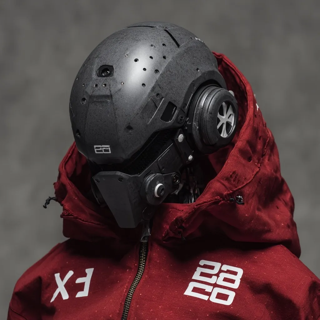 A futuristic black helmet, with integrated headphones and a weathered texture, sits atop a maroon hooded jacket. The jacket features white stylized lettering. The helmet's design is intricate, incorporating various mechanical details. The overall aesthetic is dark, technological, and slightly dystopian. The image's muted color palette and textured background enhance the futuristic feel.