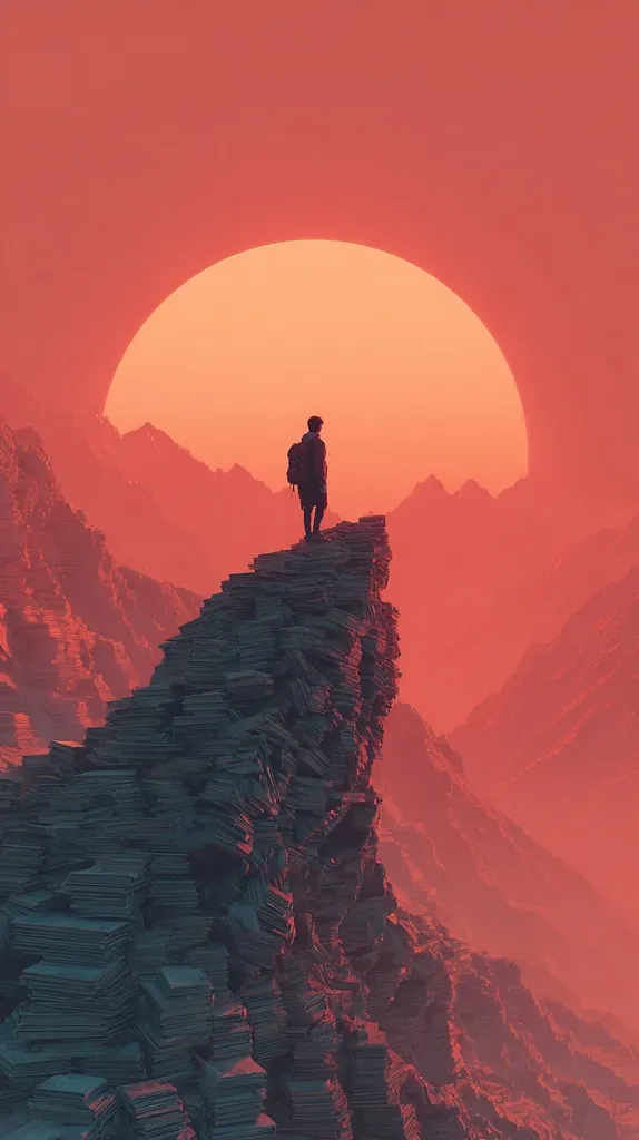 A lone figure with a backpack stands on a mountain peak composed entirely of stacked books.  The sun, a large orange orb, hangs low in a vibrant red sky.  The surrounding landscape is a hazy, reddish-brown mountainous terrain. The scene evokes a sense of solitude, contemplation, and perhaps the vastness of knowledge.
