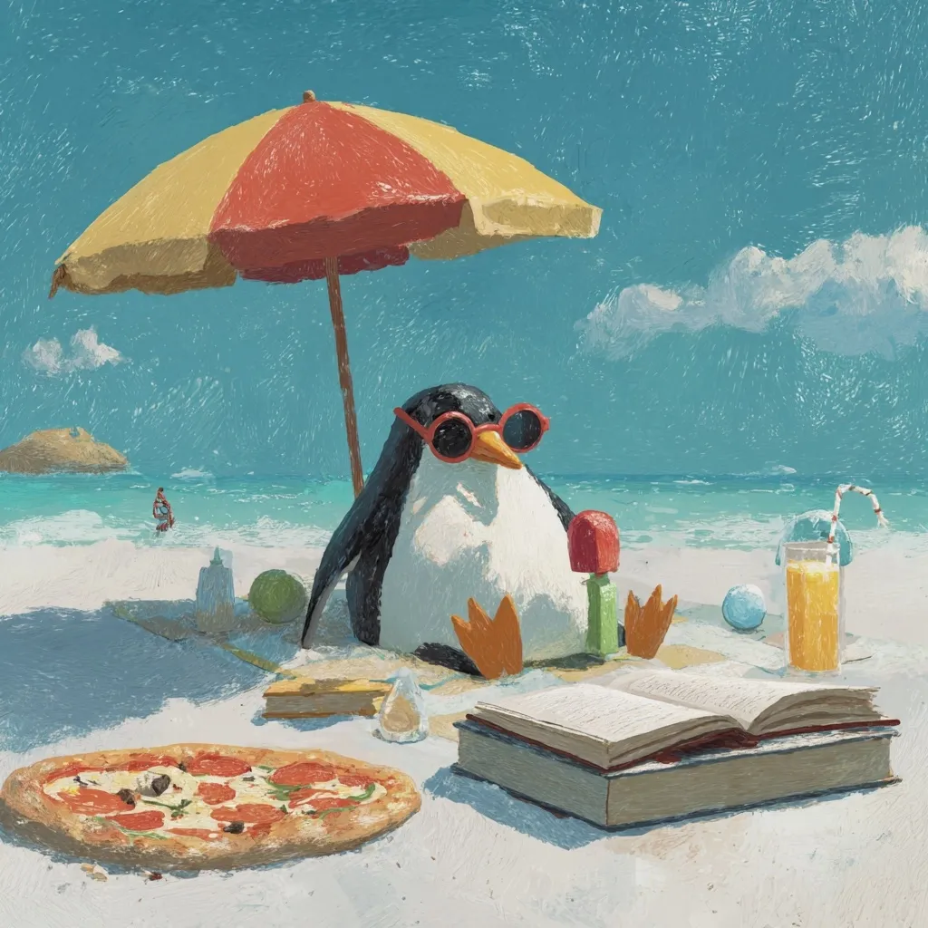 A charming illustration depicts a penguin enjoying a beach day.  Wearing sunglasses, it relaxes under a beach umbrella, accompanied by a book, pizza, juice, and beach toys.  The scene is idyllic, with a calm ocean and a clear blue sky, suggesting a peaceful and fun summer vacation.  The painting style is textured and slightly impressionistic.
