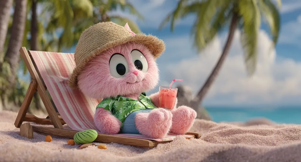 A fluffy pink bunny, wearing a straw hat and Hawaiian shirt, relaxes on a beach chair.  It holds a refreshing pink drink with a straw.  The scene is idyllic, with palm trees swaying in the background and a tranquil ocean visible in the distance. The bunny enjoys its tropical vacation on a sandy beach.