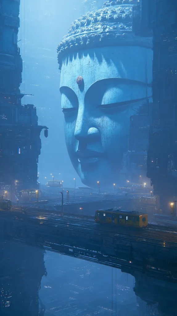 A colossal, weathered Buddha head dominates a futuristic cityscape.  The serene face contrasts sharply with the industrial architecture and a small yellow tram traversing a bridge below. The scene is bathed in a cool, twilight blue light, creating a surreal and contemplative atmosphere.  The scale of the Buddha suggests an ancient, possibly forgotten history intertwined with advanced technology.