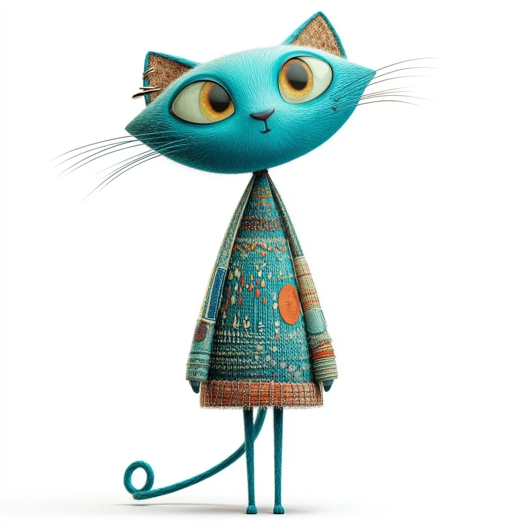 A charming, stylized 3D rendering of a teal cat.  The cat sports large, expressive eyes and wears a cozy, textured sweater in shades of teal, orange, and brown.  Its long, thin tail curls playfully behind it. The cat's overall design is whimsical and endearing, with a slightly mischievous expression.  The background is pure white, highlighting the character.
