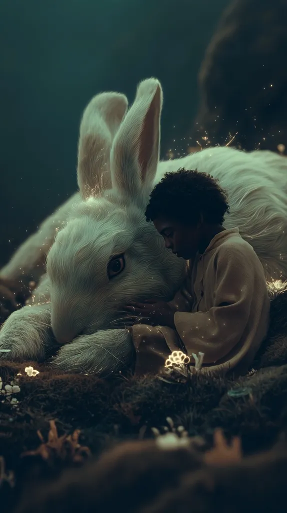 A young child with dark curly hair sits nestled against a giant, serene white rabbit.  The scene is dimly lit, with soft glowing particles surrounding them, creating a magical, ethereal atmosphere. The child appears peaceful and comforted, their head resting on the rabbit's flank.  The overall mood is one of gentle companionship and fantasy.