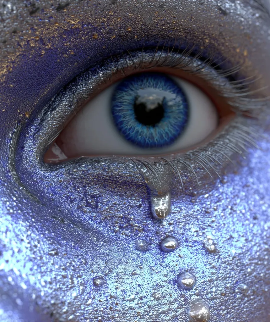 A close-up of a stylized eye, adorned with shimmering, metallic blue makeup.  A single, glistening tear of the same metallic substance streaks down the cheek.  The eye is vibrant blue, and the texture of the makeup is highly detailed, showing a dewy, almost wet appearance.  The overall effect is otherworldly and ethereal.