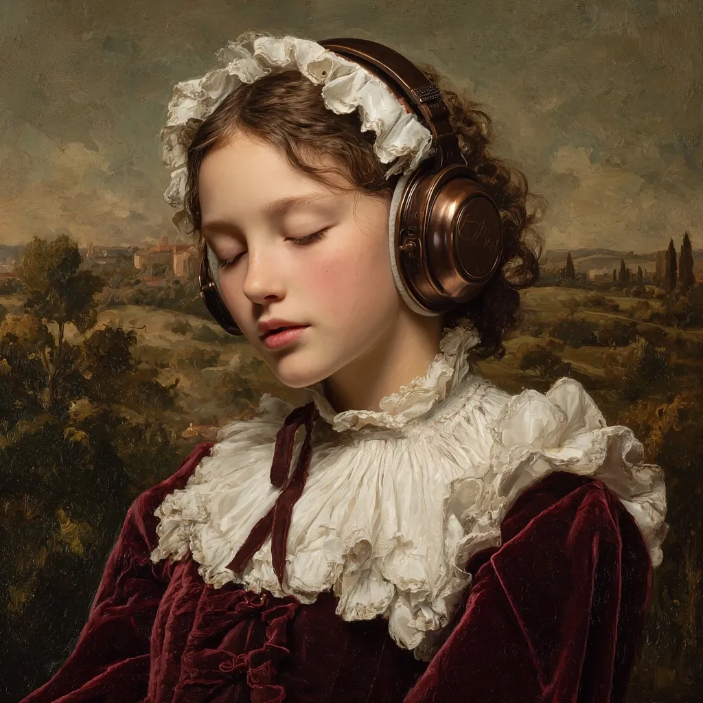 A young girl, dressed in a burgundy velvet dress with a large, ruffled white collar, wears antique-style headphones. Her eyes are closed, suggesting she's lost in the music. The background is a classical landscape painting, creating a juxtaposition between modern technology and historical aesthetics.  The overall style is reminiscent of a classical portrait, imbued with a dreamy, melancholic atmosphere.