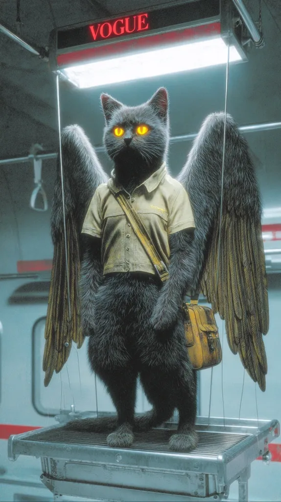 A gray cat with large, dark wings stands on a metal platform in a subway station.  It wears a light tan shirt and carries a small, mustard-colored bag.  A Vogue sign glows above, adding to the surreal, almost angelic, atmosphere. The cat's eyes emit a bright, orange glow. The image is digitally rendered with a high level of detail and atmospheric lighting.