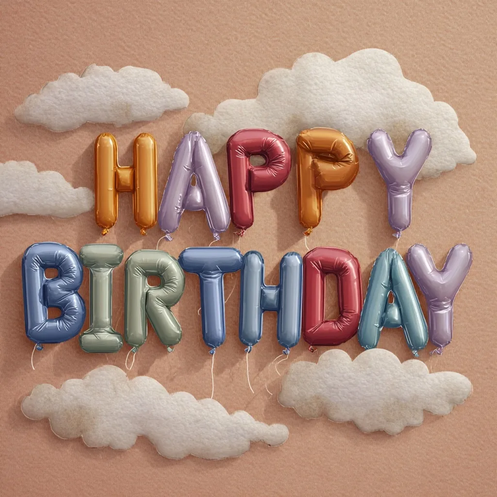 Pastel-colored foil balloons spelling out "Happy Birthday" float against a beige background adorned with felt cloud cutouts.  The balloons are arranged in two lines, creating a festive and whimsical birthday message. The image evokes a lighthearted and celebratory mood.