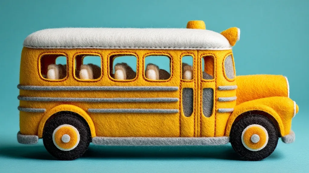 A charming felt school bus, meticulously crafted, sits against a teal backdrop.  Its yellow body is detailed with gray stripes and features a white roof.  Small, fluffy passengers are visible through the windows. The bus boasts black felt wheels with yellow and white detailing, completing its endearingly retro design.