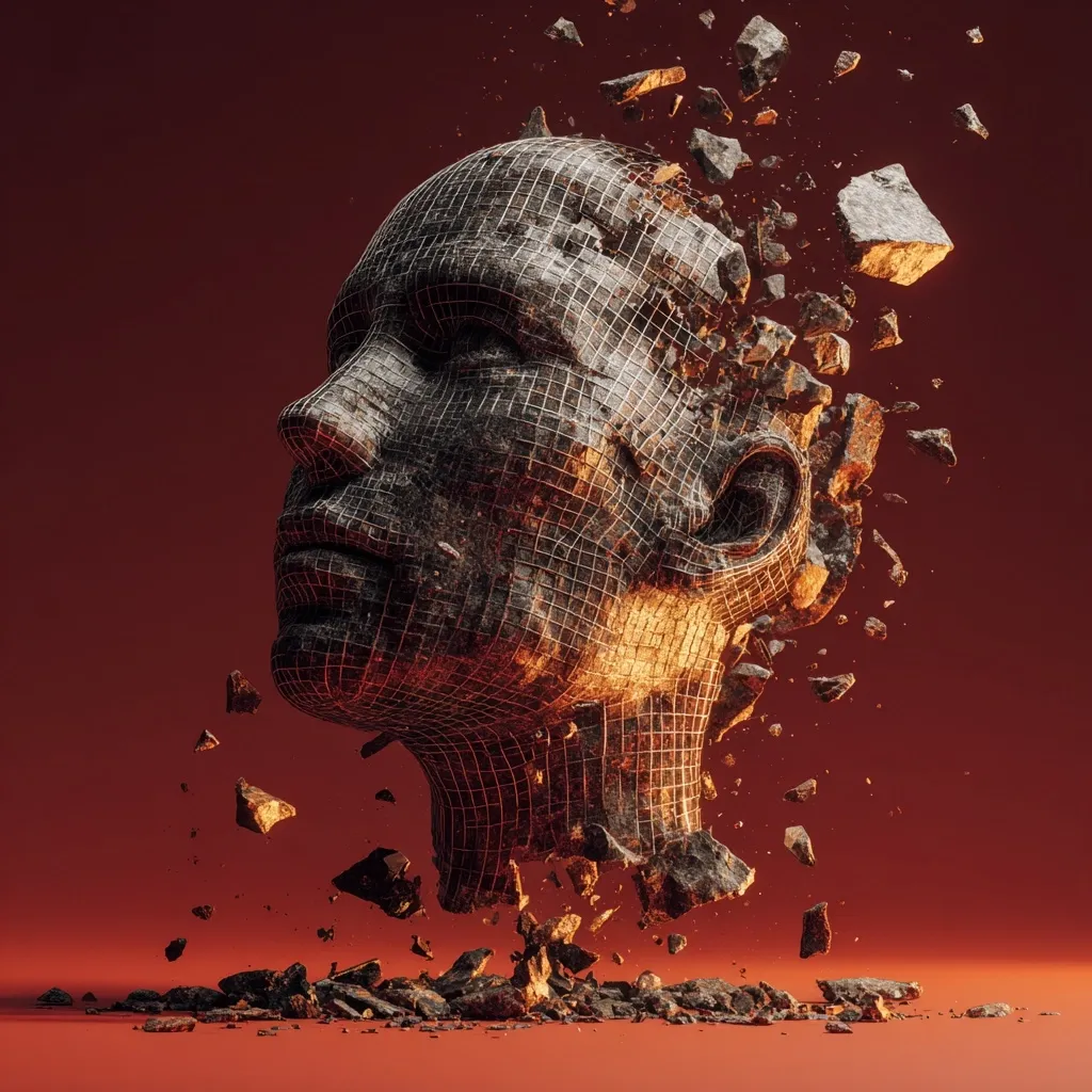 A 3D rendering depicts a wireframe human head disintegrating into fragments of stone against a deep red background.  The head, seemingly made of dark metal or stone, is breaking apart, with pieces falling to the ground below. The image evokes a sense of decay, fragility, or the breakdown of identity.  The wireframe structure hints at underlying digital or technological elements.
