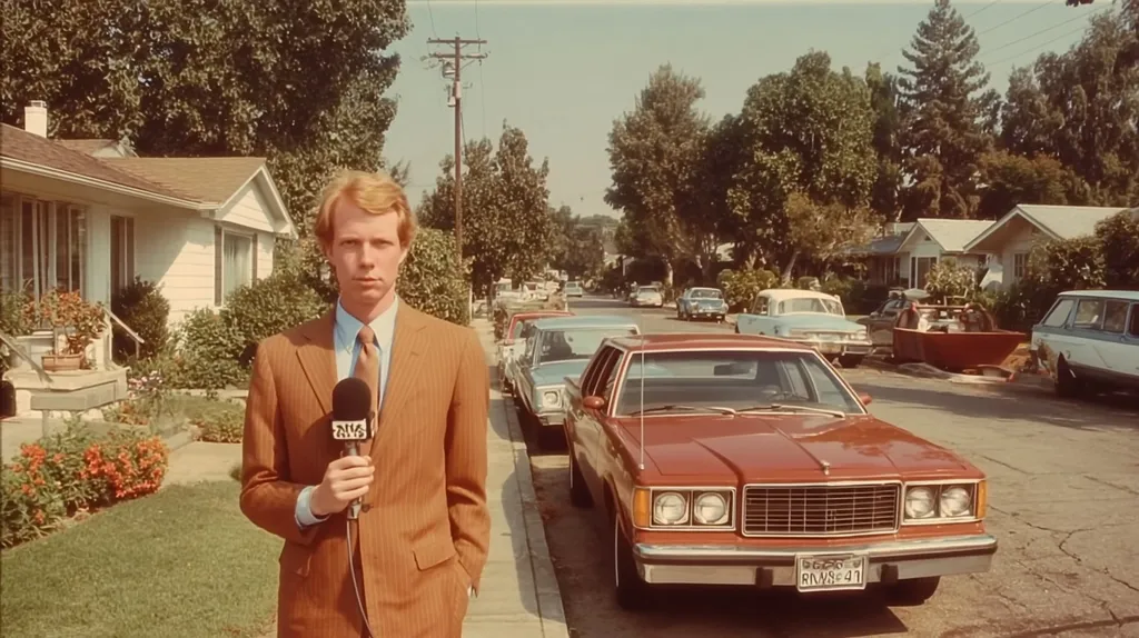 A young male news reporter in a brown pinstripe suit holds a microphone, standing on a residential street lined with 1970s-era houses and cars.  The setting appears suburban, with neatly kept lawns and trees.  The reporter's serious expression and the vintage style of the image suggest a news report from the past. The microphone bears the logo "2116".
