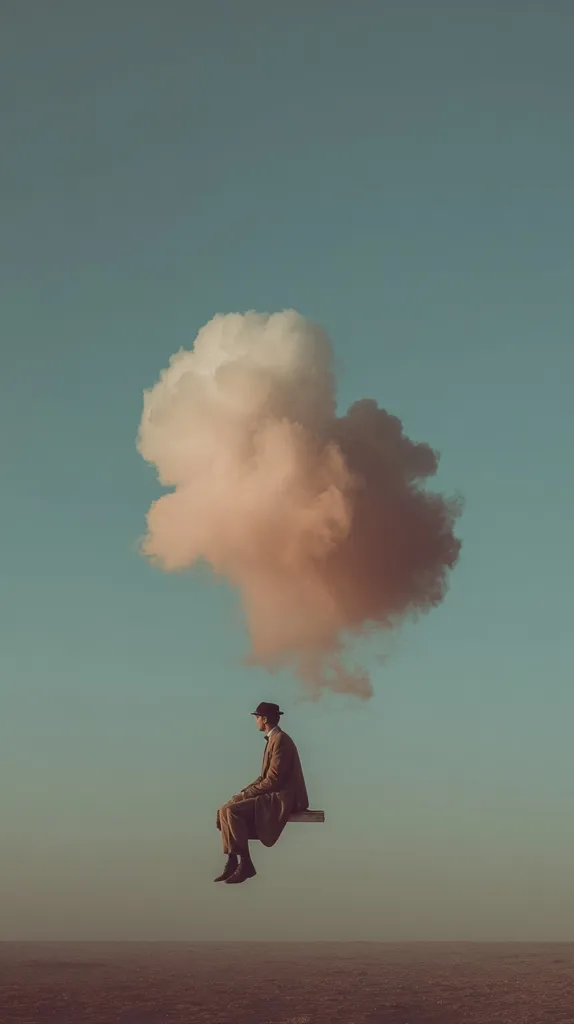 A man in a brown coat and hat sits on a floating plank beneath a large, fluffy cloud in a surreal, dreamy landscape.  The sky is a muted teal, and the overall tone is melancholic and contemplative. The scene evokes a sense of solitude and introspection, with the man seemingly suspended between earth and sky.