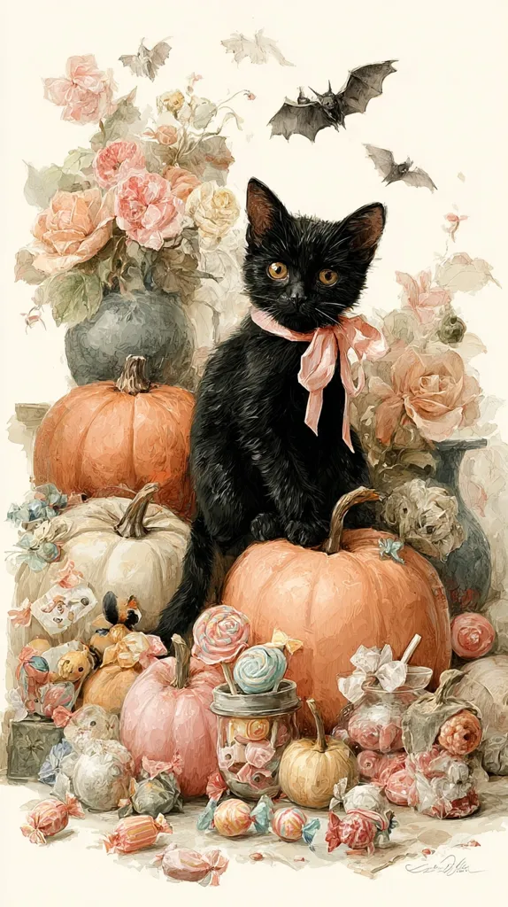 A black kitten, adorned with a pink ribbon, sits majestically atop a pumpkin amidst a charming autumnal scene.  Surrounding the kitten are more pumpkins, pastel-colored flowers in a vase, and a delightful assortment of Halloween candies and lollipops.  Bats flutter playfully in the background, adding a whimsical touch to this enchanting composition. The overall style is reminiscent of vintage Halloween illustrations.