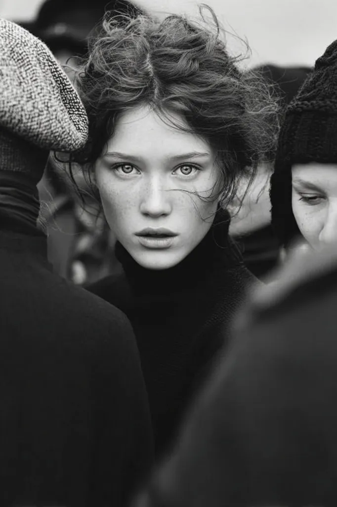 A black and white close-up portrait of a young woman with tousled hair. Her expressive eyes and delicate features are emphasized by the monochrome palette.  She is framed by the blurred figures of other individuals, creating a sense of intimacy and mystery. The image evokes a feeling of quiet contemplation and melancholic beauty.