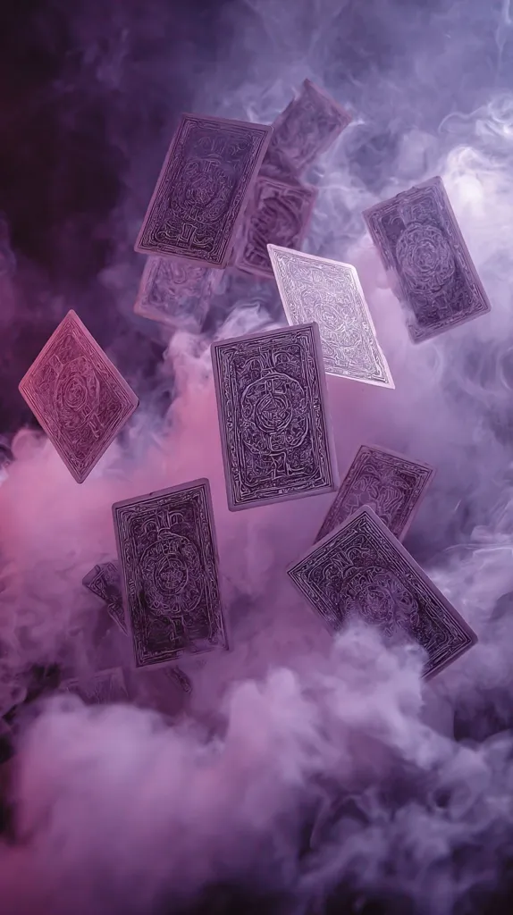 Intricate playing cards, seemingly made of dark purple stone, float amidst a swirling purple and pink fog.  The cards, detailed with ornate designs, are scattered and suspended in mid-air, creating a mystical and ethereal scene. The smoky backdrop enhances the otherworldly atmosphere, suggesting a magical or mysterious setting.