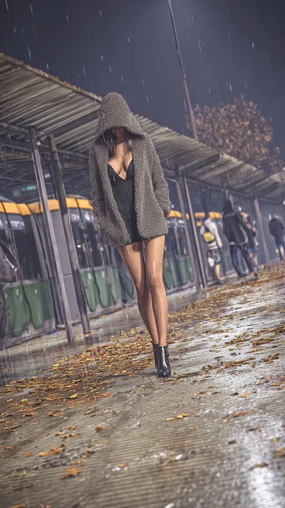 A woman in a gray hooded coat and black dress walks alone in the rain.  Fallen leaves litter the wet pavement under a bus shelter.  The atmosphere is somber and slightly melancholic, emphasizing the solitude of the figure against the blurred background of city lights and rain-soaked trams.  The overall mood is one of quiet contemplation.