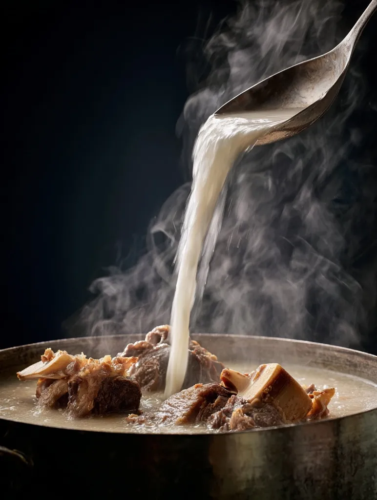 A large metal spoon pours steaming broth into a pot filled with simmering bone-in meat.  The scene is dark and moody, emphasizing the steam rising from the hot liquid.  The broth appears light-colored, contrasting with the rich brown of the meat. The overall image evokes warmth and the comforting aroma of a hearty stew.