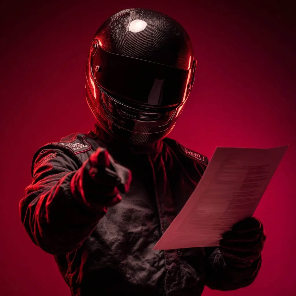 A race car driver, clad in a black racing suit and helmet, points directly at the viewer while holding a document.  The dramatic red lighting enhances the intensity of the image, suggesting urgency or a critical message.  The focus is on the driver's determined expression and the document, creating a sense of suspense.