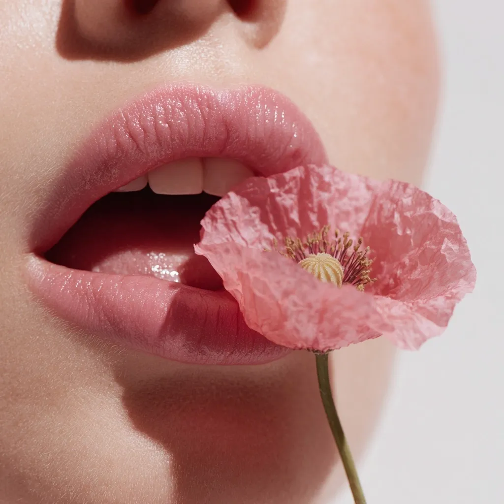 Close-up of a woman's lips, delicately holding a pale pink poppy flower between her teeth.  The lips are full and glossy, a soft pink hue matching the flower. The overall aesthetic is soft, feminine, and suggestive of natural beauty. The image focuses on texture and color contrast.