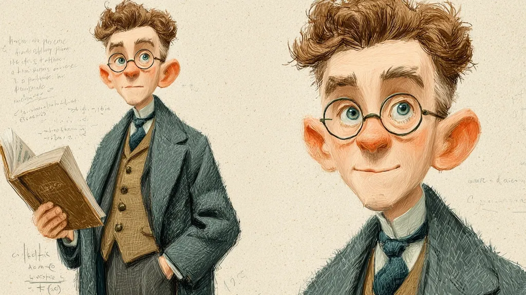 A stylized illustration depicts a young man with large ears and round glasses, possibly a student or scholar.  He's dressed in period clothing—a waistcoat, jacket, and tie—and holds an open book. The artistic style is reminiscent of children's book illustration, with a textured, painterly quality.  Mathematical equations and scribbles surround him, suggesting an intellectual or academic context.  Two slightly different views of his head and shoulders are presented.
