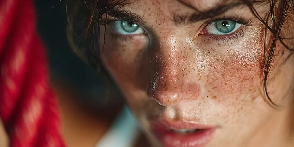 Close-up of a woman's face, sweat glistening on her freckled skin.  Her intense, piercing blue eyes stare directly at the camera. Dark, wet hair frames her face.  A blurred red object is partially visible in the background. The overall impression is one of exertion and determination.