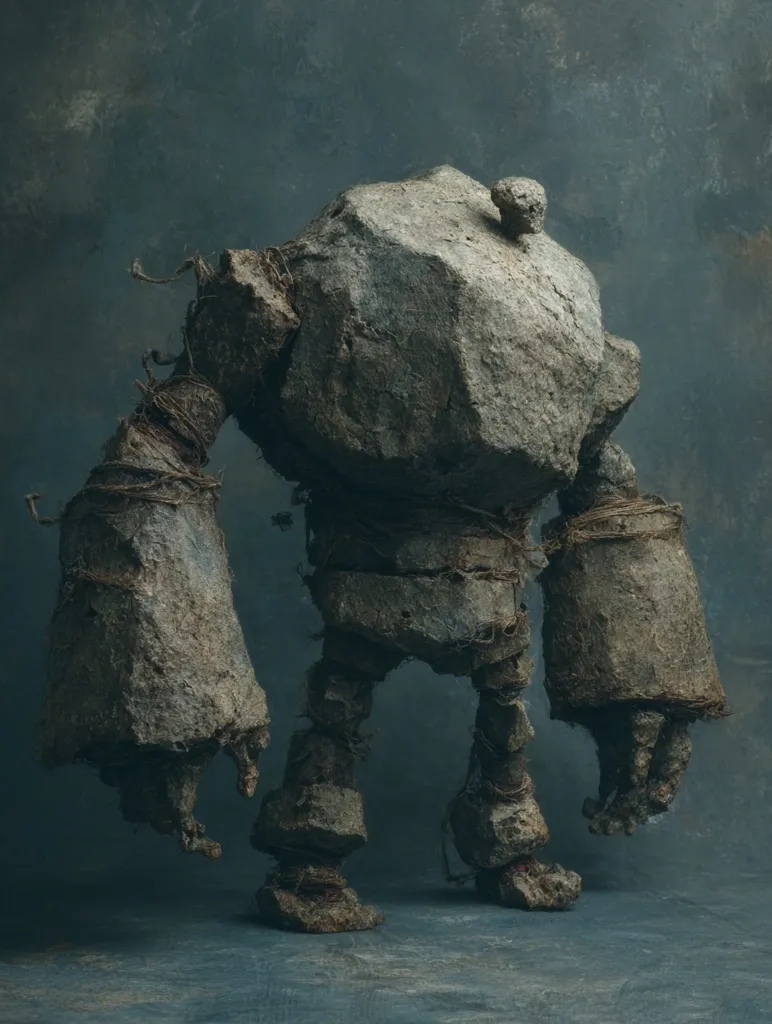 A golem-like figure stands against a muted blue-green backdrop.  Constructed from rough, grey stone pieces bound together with twine or rope, it has a bulky torso and large, clawed hands.  The figure's head is a single, irregularly shaped stone.  The overall impression is one of ancient, weathered strength and a somewhat unsettling stillness.