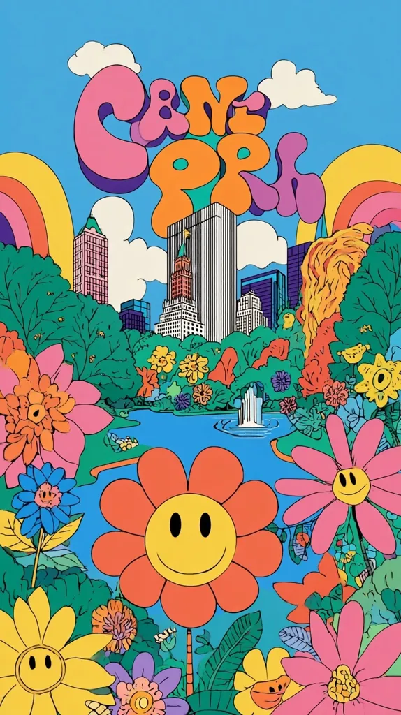 A vibrant, retro-style illustration features the words "Central Park" in playful, oversized lettering.  The artwork depicts a whimsical Central Park scene, with stylized skyscrapers in the background and a profusion of smiling flowers in the foreground surrounding a pond and fountain. The overall aesthetic is cheerful and reminiscent of 1960s and 70s pop art.  Rainbow arcs add to the sunny, joyful mood.