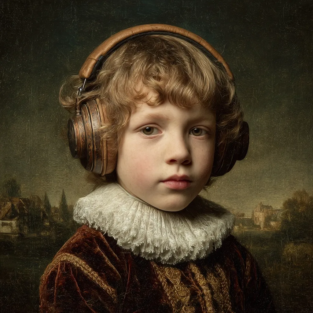 A young boy with curly blonde hair wears large, wooden headphones. He's dressed in a richly colored, velvet 17th-century-style doublet with a lace collar.  The background is a painted landscape reminiscent of Dutch Masters, creating a surreal juxtaposition of past and present.  His expression is serious and contemplative, suggesting a focus on the audio experience.