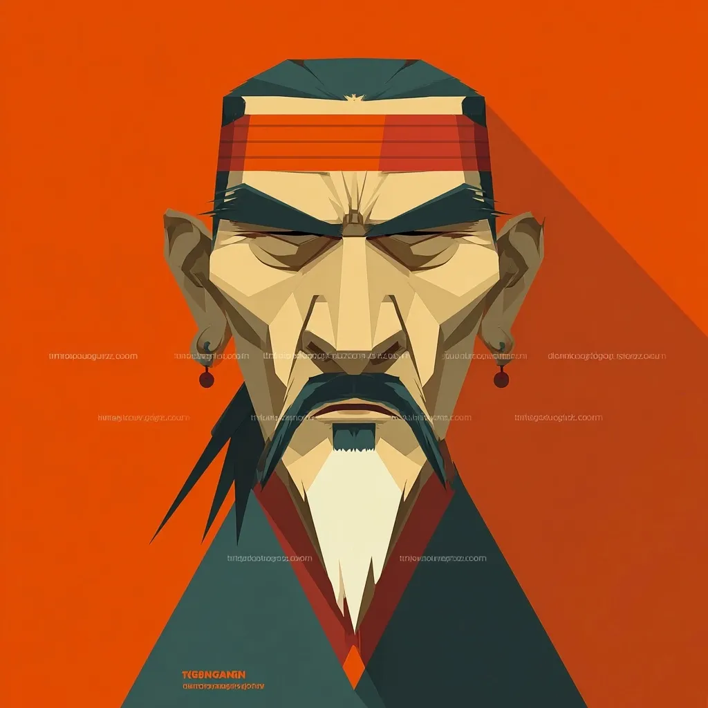 A stylized portrait of an older man with dark hair, a red headband, and a goatee.  His expression is serious, almost stern. The art style is low-poly, with geometric shapes forming the face and clothing. The background is a solid burnt orange, providing a strong contrast to the figure. The overall feel is one of gravitas and traditional Asian influence.  The artist's signature, "TGEBNGAMN," is visible at the bottom.