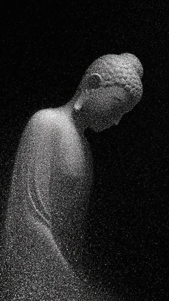 The image shows a grayscale depiction of a sculpted figure, seemingly dissolving or disintegrating.  The figure is hunched over, its form suggested by a scattering of light particles against a completely black background. The effect is ethereal and evocative, possibly representing themes of decay, memory, or the ephemeral nature of existence.  The overall mood is somber and contemplative.