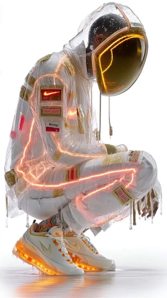 A figure in a transparent, water-logged spacesuit crouches, illuminated by internal orange neon lights.  The suit features Nike branding and patches.  The figure wears light-colored Nike Air Max 98 sneakers, also glowing orange.  The overall aesthetic is futuristic and slightly surreal, with water dripping from the suit.