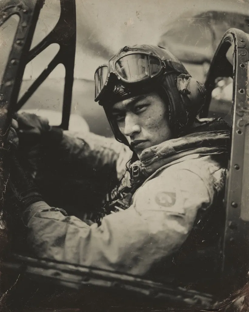 A sepia-toned, close-up photograph captures a pilot in the cockpit of a vintage aircraft.  He wears a leather flight helmet with goggles, a thick, possibly fur-lined jacket, and what appears to be a military patch on his sleeve. His gaze is directed towards the viewer, conveying a serious and determined expression. The image's texture suggests age and the wear of time, enhancing its historical feel.  The aircraft's interior is visible, creating a compelling contrast between the pilot and his machine.