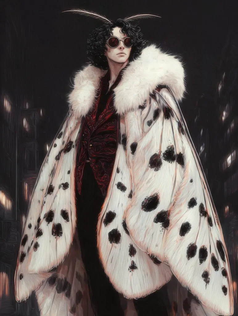 A stylized portrait of a person adorned in a large, moth-wing patterned coat with a luxurious fur collar.  They wear round sunglasses and have dark, curly hair, and a dark red waistcoat is visible beneath the coat.  Antennae-like adornments extend from their head. The background suggests a city at night, creating a striking contrast with the fantastical attire. The overall style is painterly and evocative.