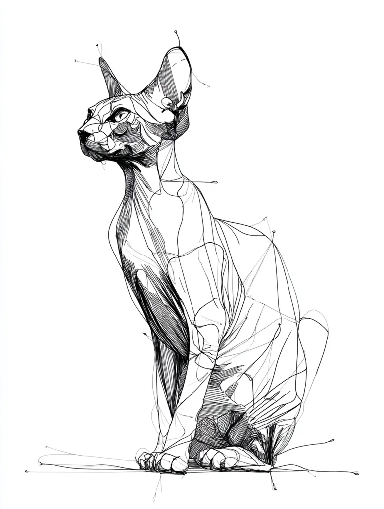 A line drawing of a Sphynx cat in a sitting position.  The artwork utilizes a minimalist style, creating the cat's form with interconnected lines that suggest its musculature and posture. The cat is depicted in profile, gazing to its left, with fine details in the head and body. The overall effect is elegant and stylized.