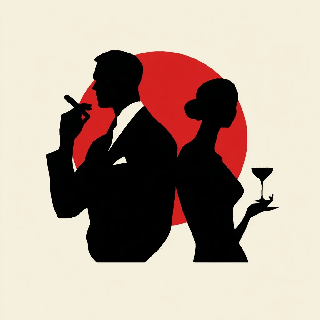 A stylized silhouette of a man in a suit smoking a cigar and a woman holding a cocktail glass are positioned back-to-back against a large red circle.  The image evokes a mid-century modern aesthetic, possibly representing a sophisticated couple at a social gathering.  The stark black silhouettes contrast sharply with the red circle and cream background.